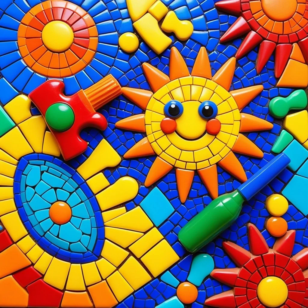 Gros plan sur un carré de mosaïque en cours d’assemblage, où les morceaux de verre et de céramique s’alignent comme des pièces de puzzle aux teintes vibrantes — terre cuite, cobalt, or pâle. Un petit morceau jaune brille au centre, presque comme un soleil miniature. Des outils en bois et une paire de gants en caoutchouc sont posés à côté, en arrière-plan flou.