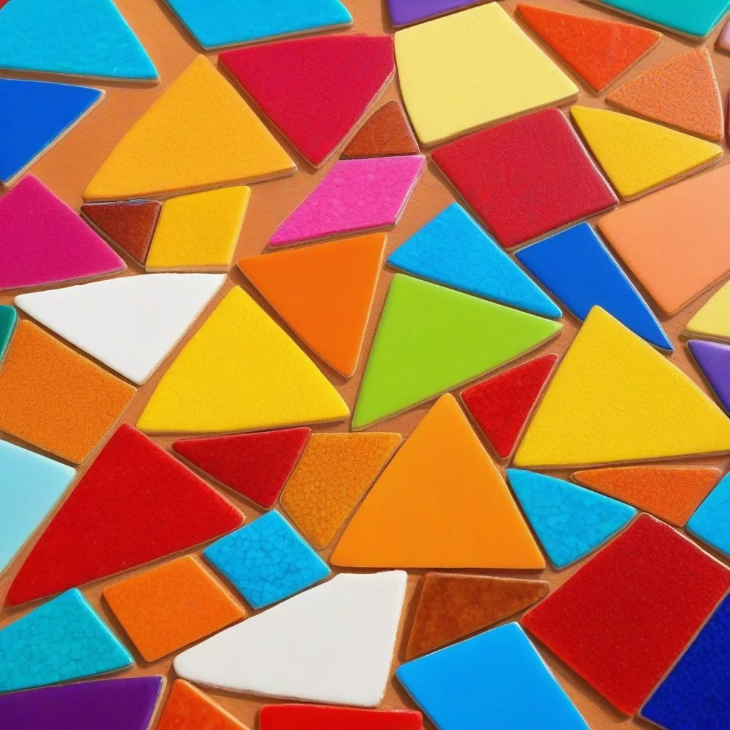 Vue en contre-plongée sur une table recouverte de mosaïques terminées et en cours — des petits carrés colorés se mêlent à des formes libres, comme des fragments de ciel tombés du toit. Un verre d’eau fraîche, une serviette en lin pliée, et un crayon qui a marqué la surface de bois d’un trait léger — peut-être un esquisse abandonnée, ou un souvenir à reprendre plus tard.