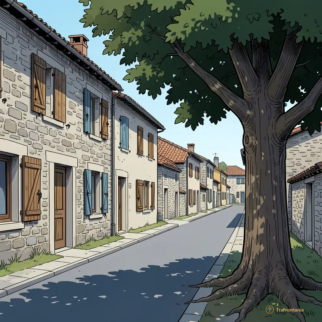 Une rue de village montre des maisons traditionnelles aux volets en bois patiné et tuiles d'argile bordant le sentier avec un grand chêne visible