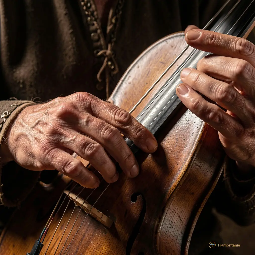Close-up of hands playing a medieval string instrument with dramatic side lighting