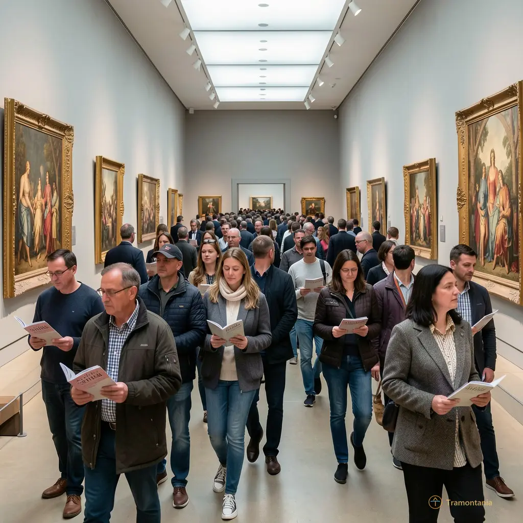 Crowd of people walking through a museum gallery holding programs and looking at exhibits