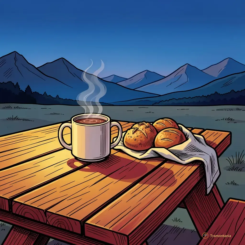 Nino, l'âne de Tramontania — Une table de pique-nique en bois est dressée à l'extérieur au crépuscule avec deux tasses fumantes et des petits pains rustiques sur le plateau
