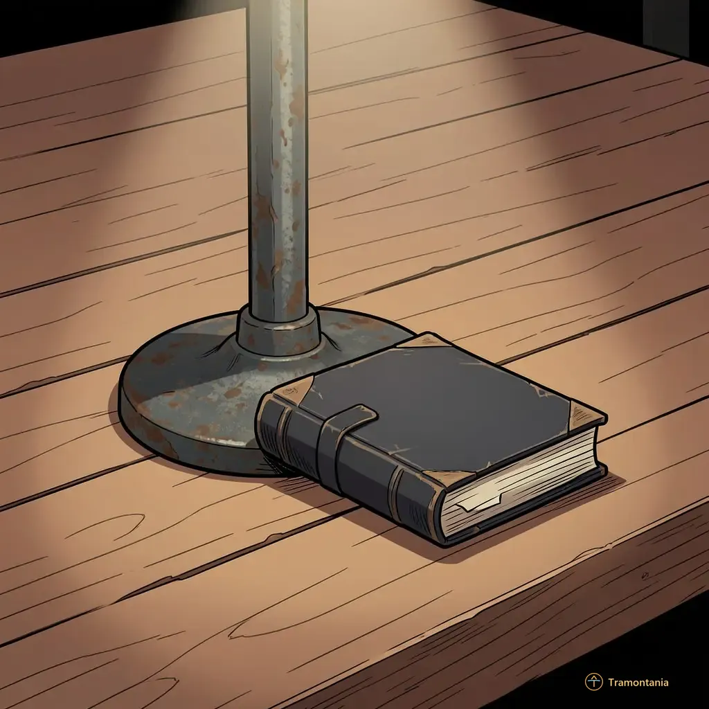A detailed close-up of wooden stage elements—a microphone stand base made of cast iron with visible patina and a small, worn stack of scripts bound in dark cloth resting on the wood surface. The lighting is focused from above onto these objects. 2D comic book illustration style.