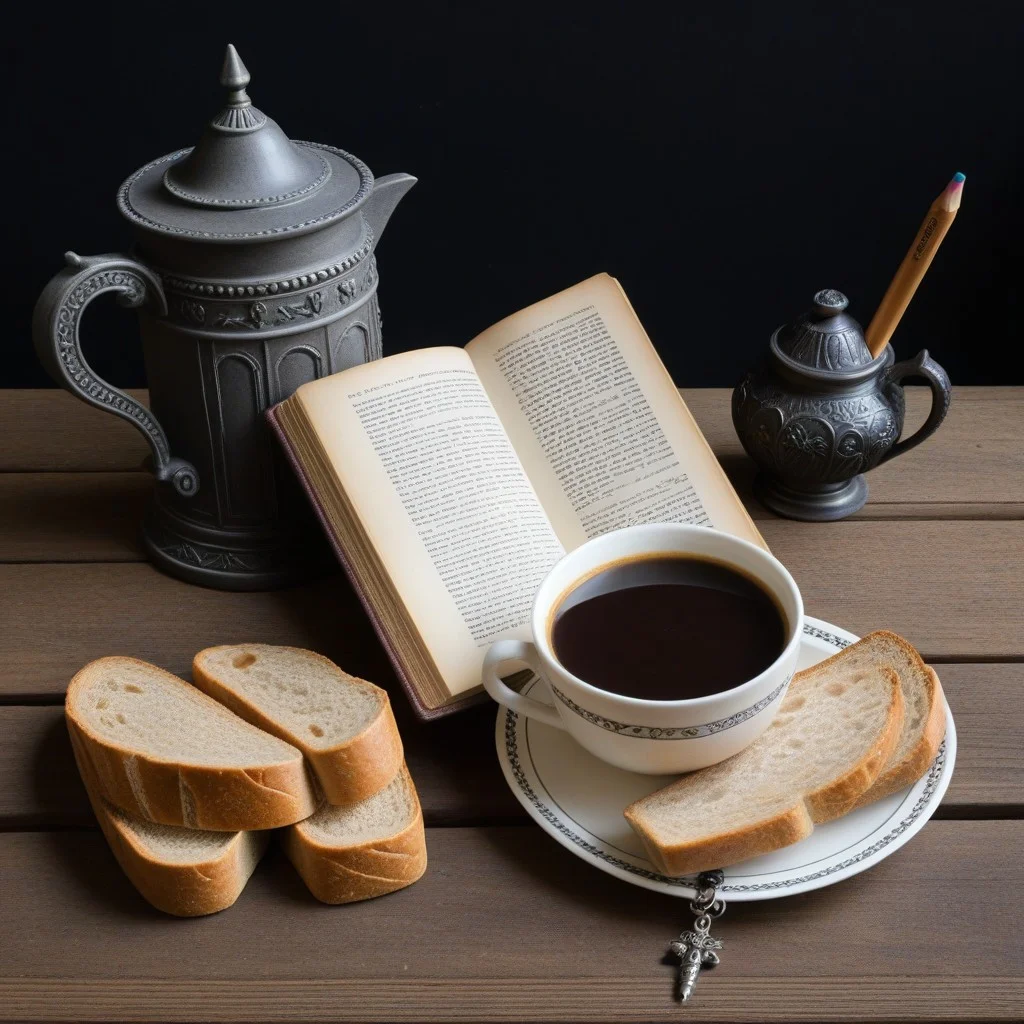 Un vieux livre ouvert sur un banc en pierre, reliure cuir éraflée, pages jaunies. Une page montre une phrase soulignée au crayon : « Le bonheur ne se vend pas, il s’écoute ». À côté, une tasse de café vide, une miette de pain, et un chapeau de paille posé dessus comme une offrande.