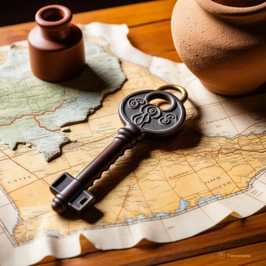 A close-up of an ancient stone key resting on a textured wooden table next to an old map fragment and a small clay amphora shard, symbolizing access to hidden histories and archaeological discovery under soft museum lighting.