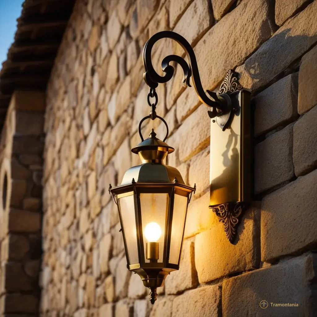 A detailed view of a vintage brass lantern hanging from an iron hook against a rough stone wall, casting long dramatic shadows and creating an intimate atmosphere for evening exploration in the old town.