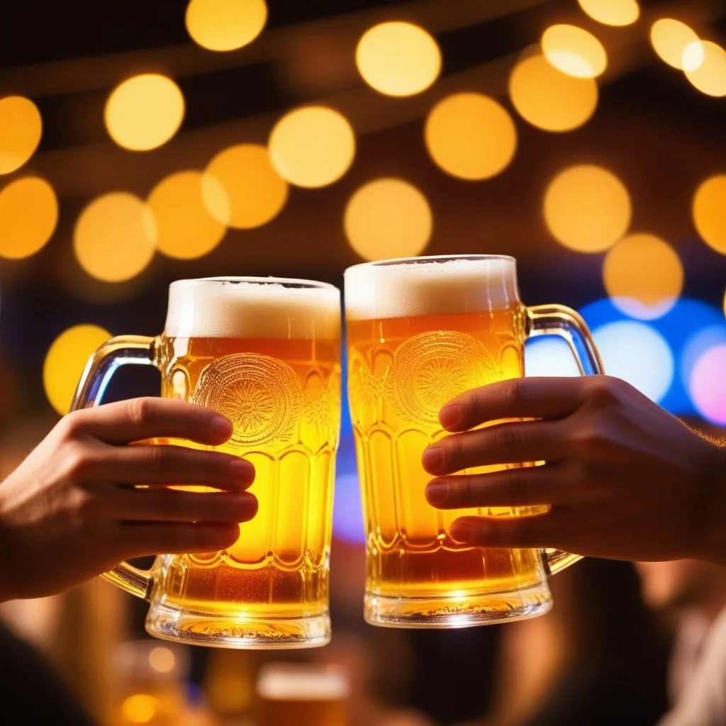 Close-up of hands clinking two steins of golden craft beer, background blurred with colorful bokeh lights and dancing silhouettes, festive and intimate mood.