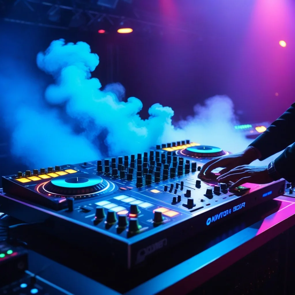 Detail shot of a DJ mixing board with glowing buttons and faders, hands adjusting knobs, surrounded by a haze of stage smoke and blue light, high-tech and musical vibe.
