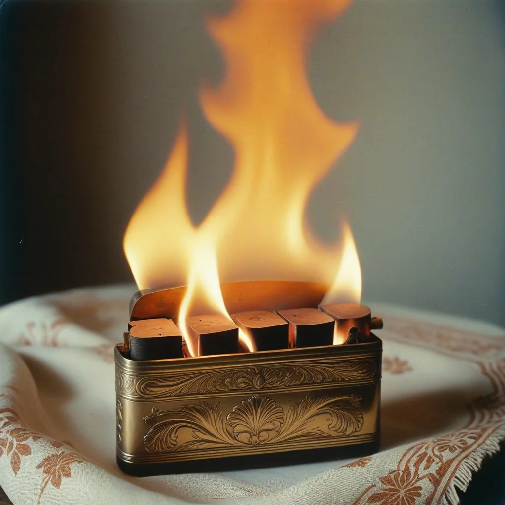 Ancien briquet en cuivre aux motifs gravés, posé sur un morceau de tissu grossier. La flamme est éteinte, mais la chaleur semble encore palpable, comme si on venait juste d’éteindre le feu.