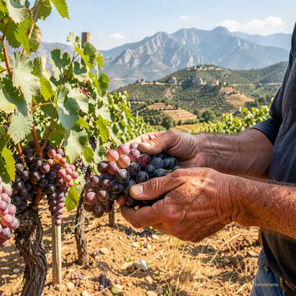 Close-up of hands harvesting grapes in the vineyard at Mas Saint-Joseph with the rugged terrain of the Alberes mountains in the background