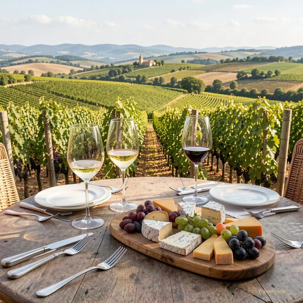 A table set with wine glasses and local cheese platter overlooking the vineyard landscape at Mas Saint-Joseph