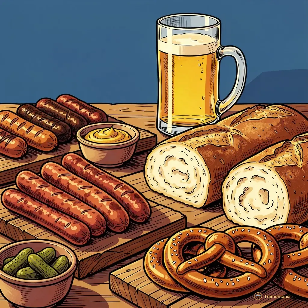 Nino, l'âne de Tramontania — Des planches rustiques présentent diverses saucisses artisanales, pains précuits avec sel visible et moutarde dans de petits bols