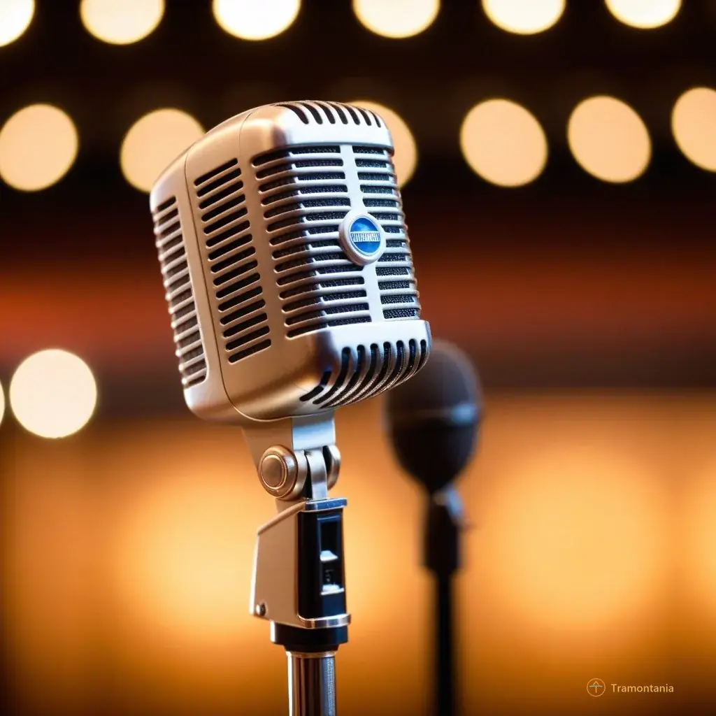Close-up of a vintage-style microphone on its stand, slightly tilted, with soft stage lighting reflecting off the metal mesh, surrounded by blurred bokeh lights in warm tones, shallow depth of field focusing on the texture of the mic grille.
