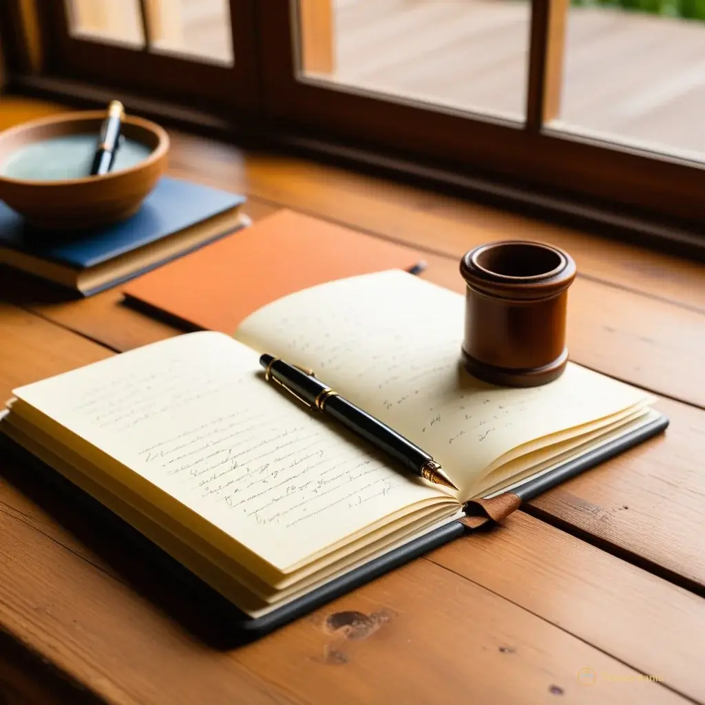 Detail shot of a worn leather notebook and a fountain pen resting on a wooden table covered with scattered papers containing handwritten notes in French cursive script, evoking the creative process of writing comedy sketches, warm natural lighting from a window side.