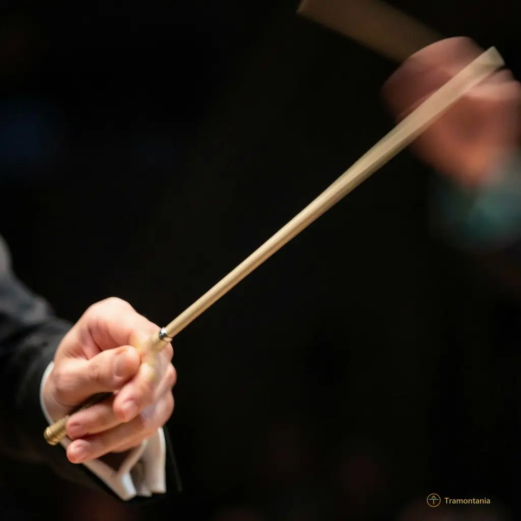 Close up of a conductor's baton mid-swing, dynamic motion blur