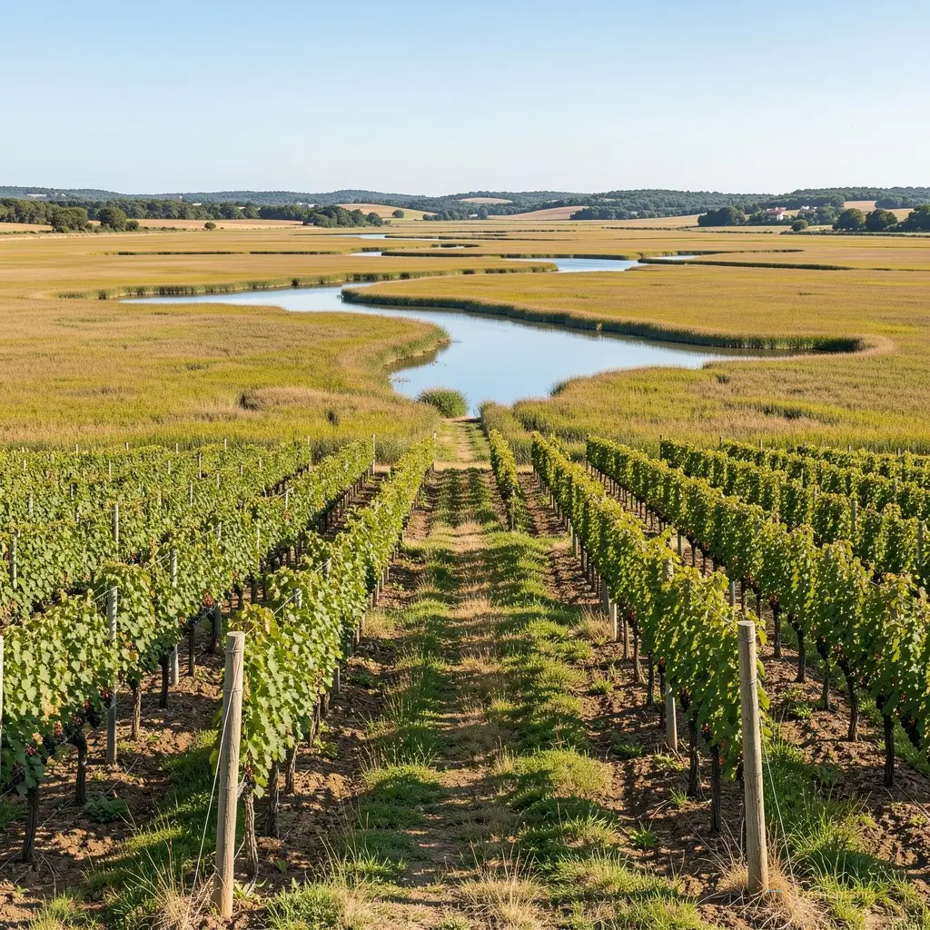 Wide shot of the Esparrou vineyards leading towards the marshland, showing the contrast between cultivated land and wild nature