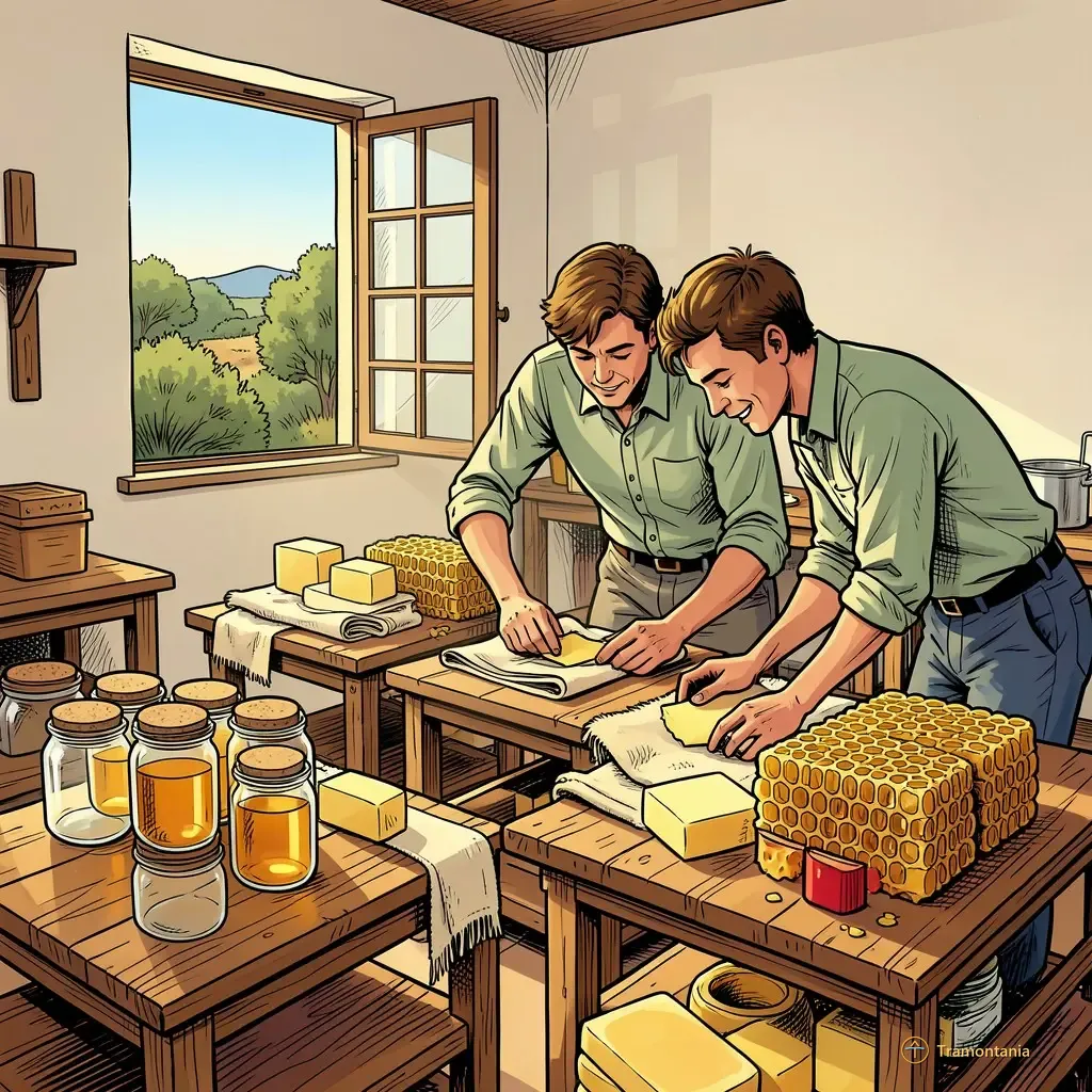 Plusieurs matériaux liés à l'apiculture jonchent les étables en bois au sein d'un espace de travail bien éclairé