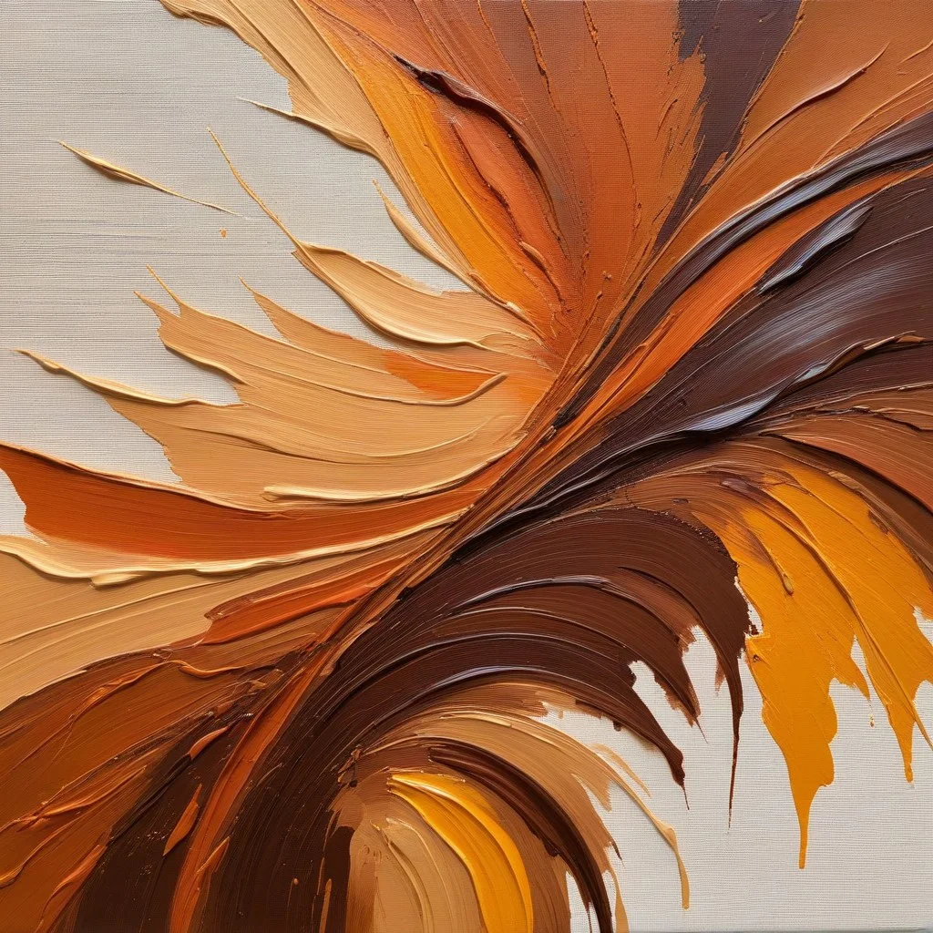 Close-up of a textured canvas painting featuring bold, expressive brushstrokes in warm earth tones, capturing the roughness of the paint and the play of light on the fabric surface, evoking a tactile sensation.
