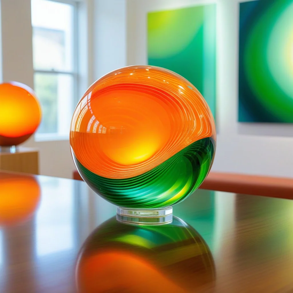 A detailed view of a glass sculpture placed on a wooden table, reflecting prismatic colors of orange and green, with a blurred background of gallery walls and other art pieces, creating a dreamlike and contemplative atmosphere.