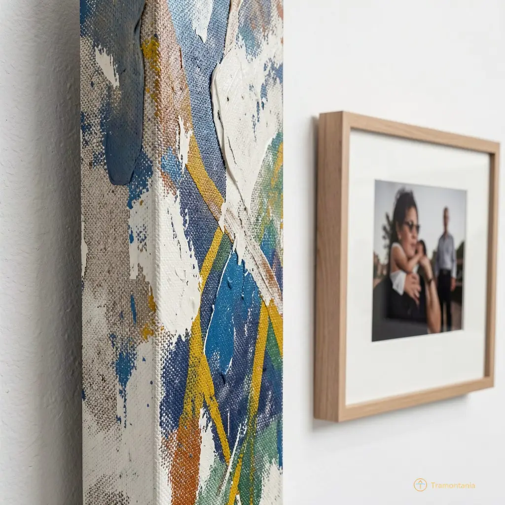 Close-up detail of a textured painting hanging on a white wall next to a framed photograph, highlighting the contrast between material and image