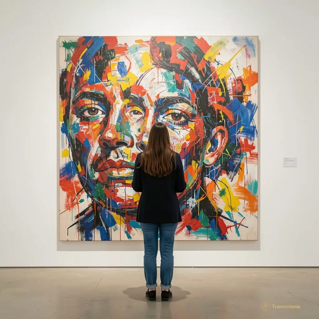 A visitor standing quietly in front of a large canvas, back to the camera, creating a sense of immersion and personal connection with the artwork