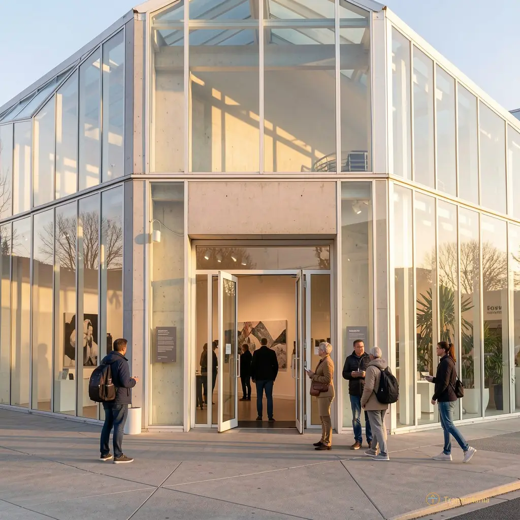 Exterior view of the gallery facade in Palau-del-Vidre during late afternoon light, showing a few people lingering outside and entering through the open door