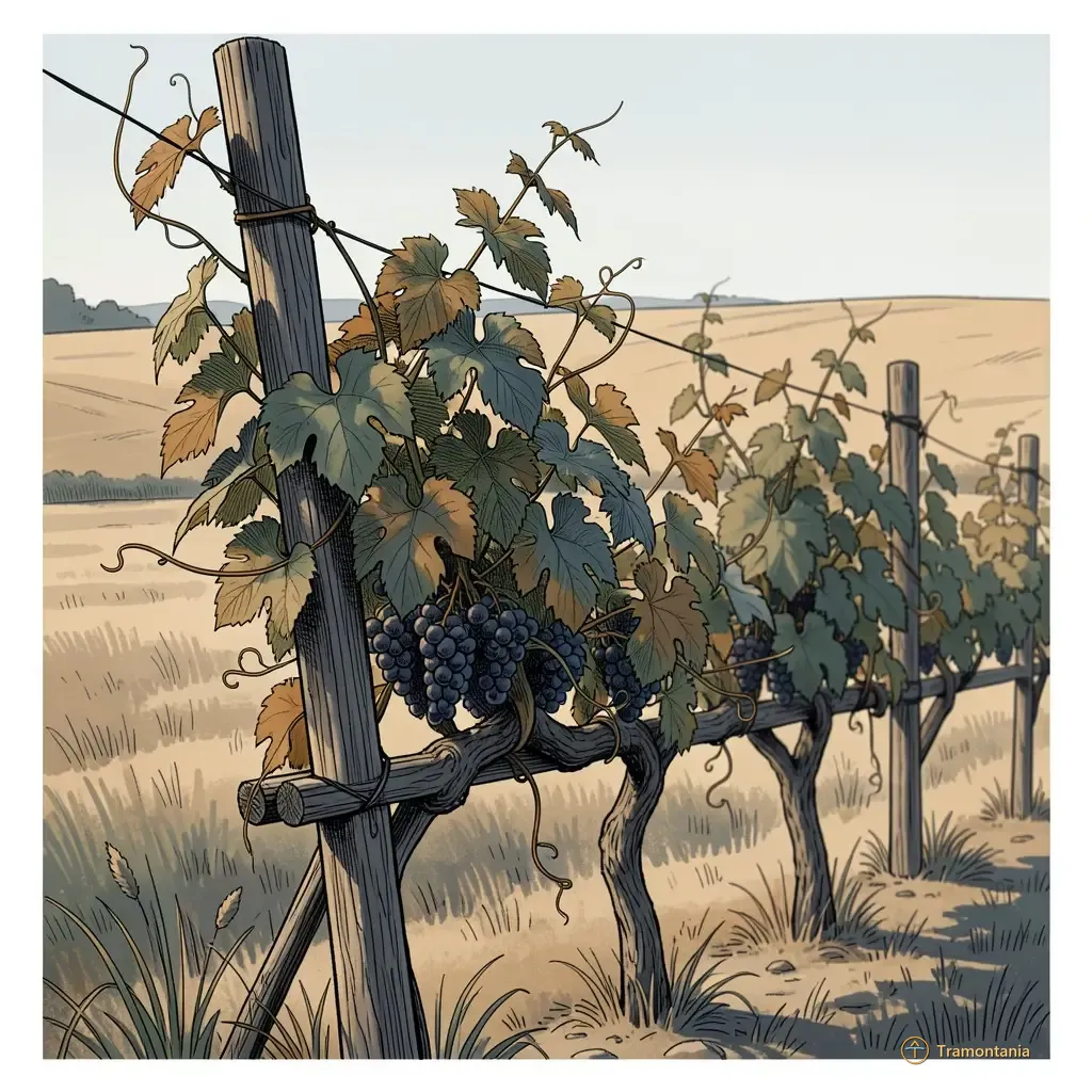 A medium shot of a small cluster of grapevines trained on an old wooden trellis, showing the specific type of local vine used in the region, viewed from ground level during late afternoon light. The focus is sharp on the leaves and tendrils against a slightly blurred background of distant fields.