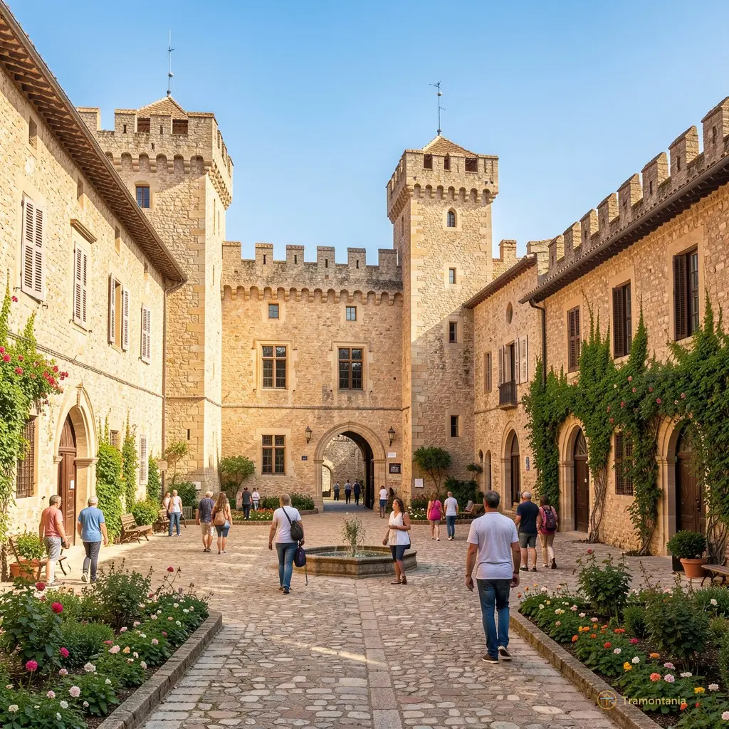 Wide shot of the castle courtyard in Palau-del-Vidre with visitors exploring