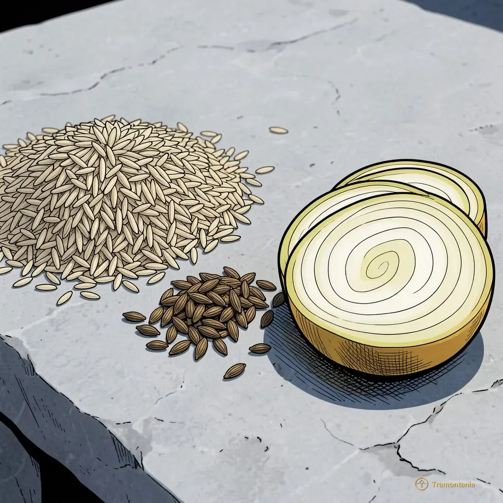 Trois ingrédients sont disposés sur un comptoir en pierre : du riz basmati cru, des graines de cumin entières et des rondelles d'oignon jaune