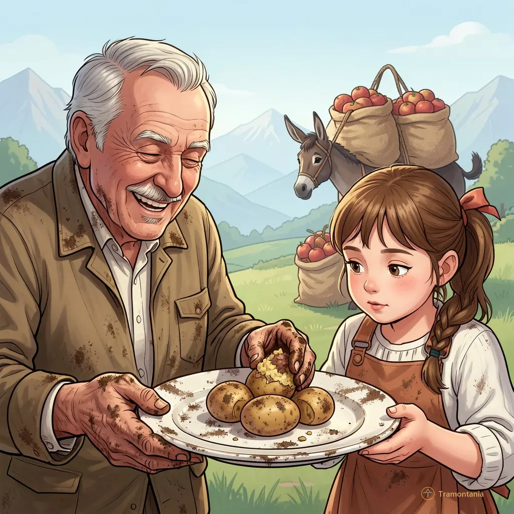 illustration BD — Deux mains ridées et tachées de terre posent délicatement une pomme de terre farcie sur un plateau en céramique écaillé. Le grand-père sourit, les yeux mi-clos ; la petite-fille regarde son assiette comme si elle venait d’ouvrir une boîte à secrets. En arrière-plan : des montagnes bleu pâle et un âne qui porte deux sacs de pommes de terre.
