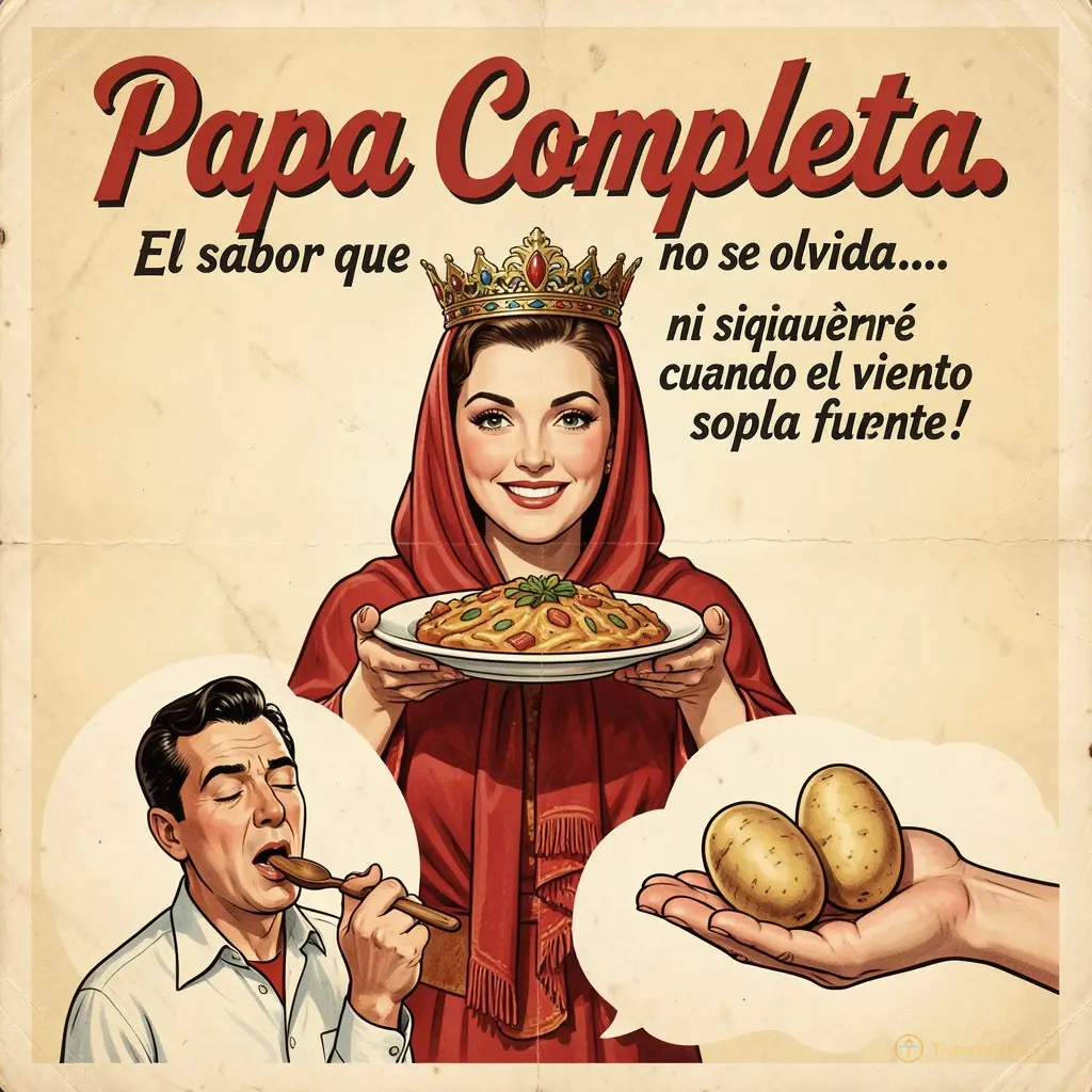 affiche rétro colorée — Une vieille publicité pour « Papa Completa » dans les années 50, avec une femme en chalina rouge tenant le plat comme une couronne. Le slogan : *« El sabor que no se olvida… ni siquiera cuando el viento sopla fuerte ». Sous la vignette : un petit dessin d’un homme qui lèche sa cuillère en bois, les yeux fermés — et sur le côté, une main tendue avec deux pommes de terre.