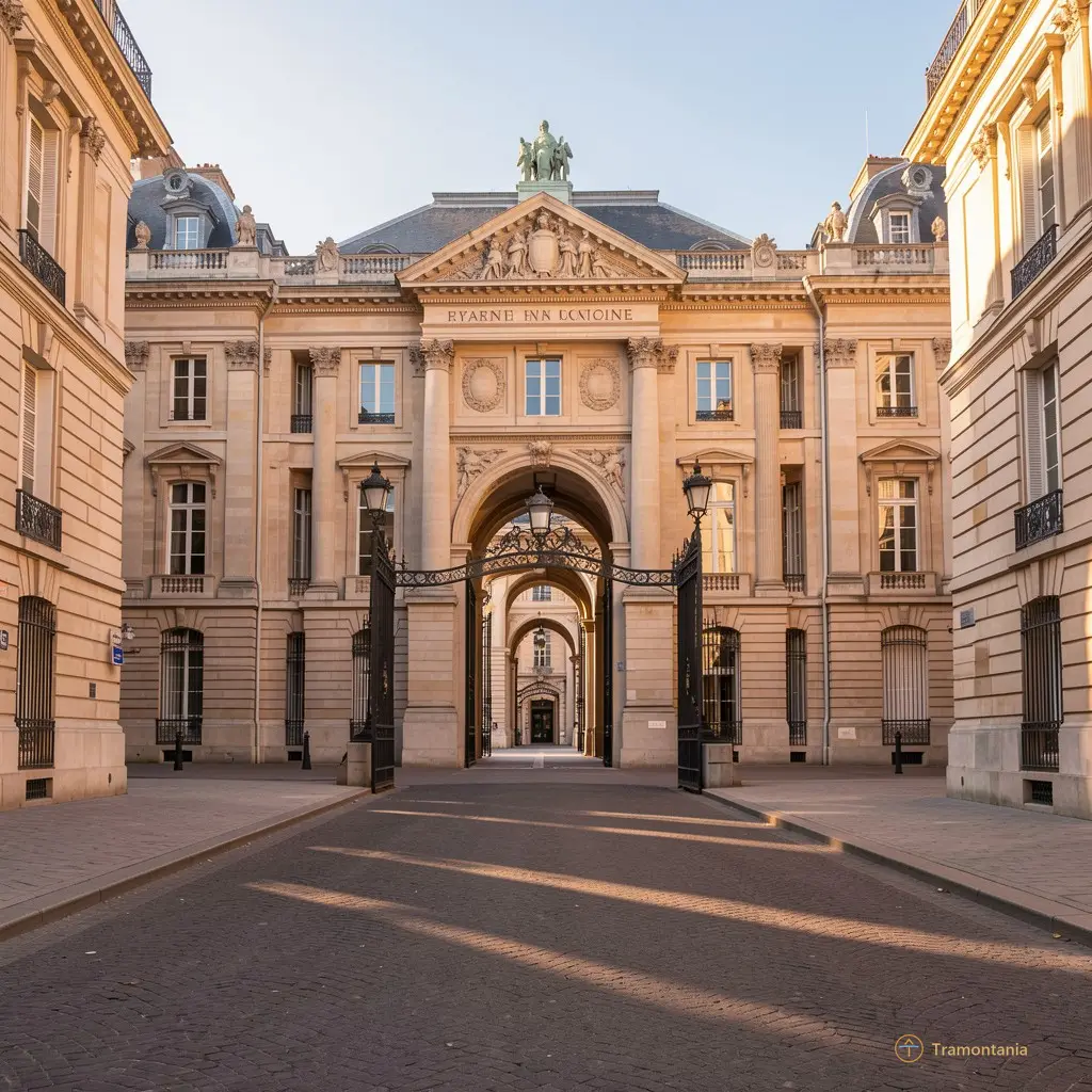 Façade du Musée Hyacinthe Rigaud, vue d'ensemble depuis la rue des États-Unis, ombres longues en fin d'après-midi, portail principal ouvert sur une allée vide