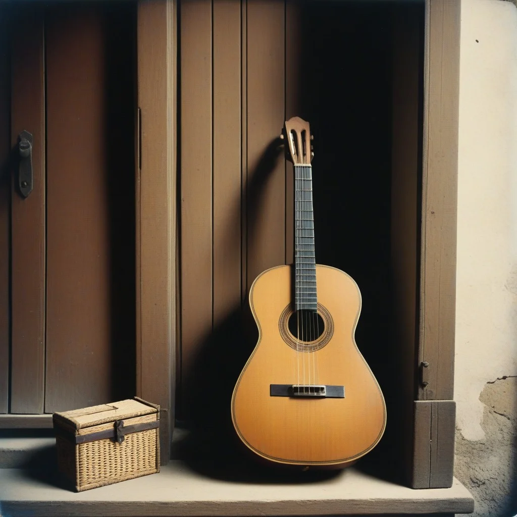 Ancienne guitare espagnole aux cordes cassées, caisse en bois noirci par la fumée des bougies et les mains de cent danseurs. Le chevalet est fendu, une corde pend comme un fil de vie rompu.