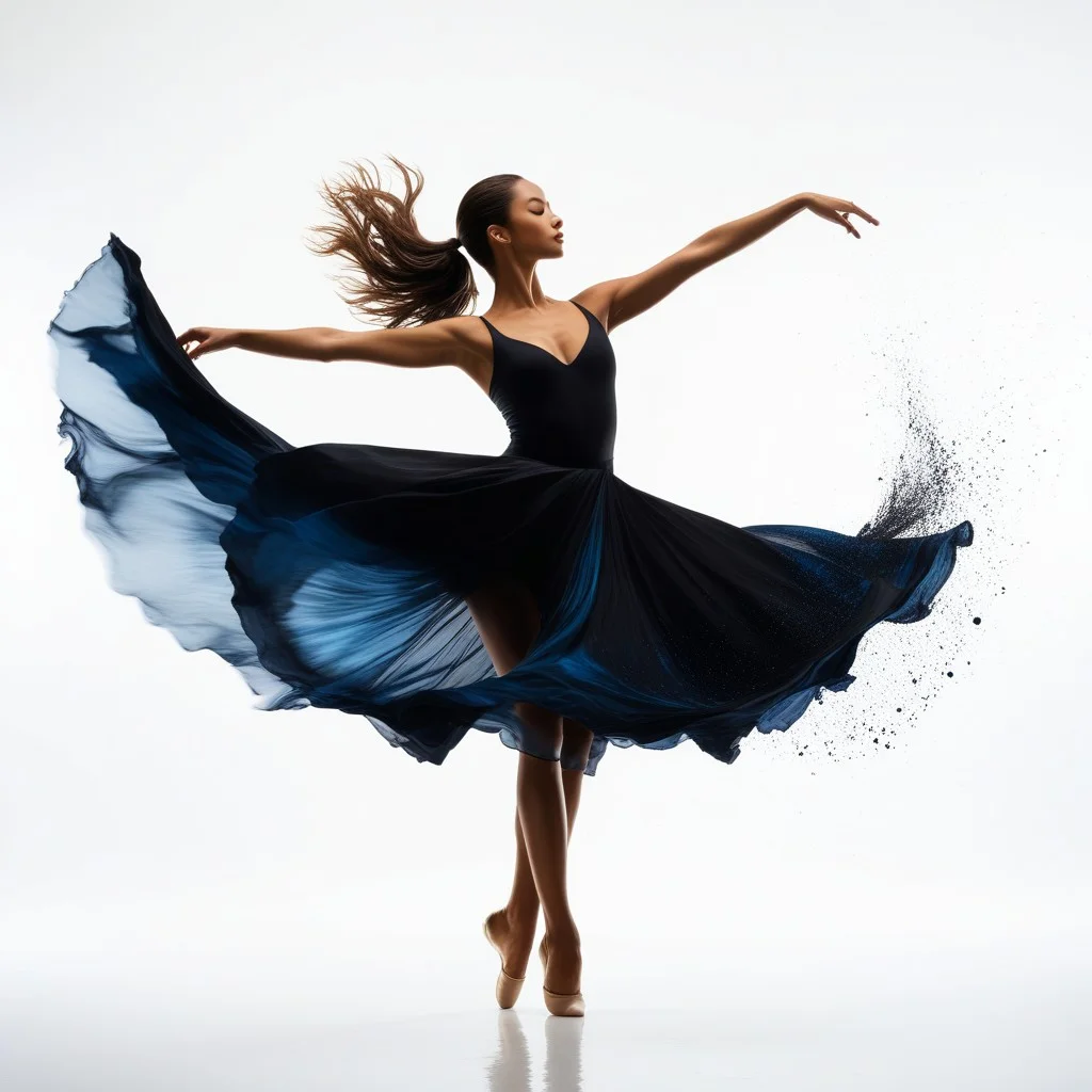 A dynamic wide shot of a dancer's silhouette captured mid-twirl, the fabric of her dark skirt flaring out like an ink blot in water against a stark white background, creating a sense of suspended motion and elegant chaos without showing facial features clearly.