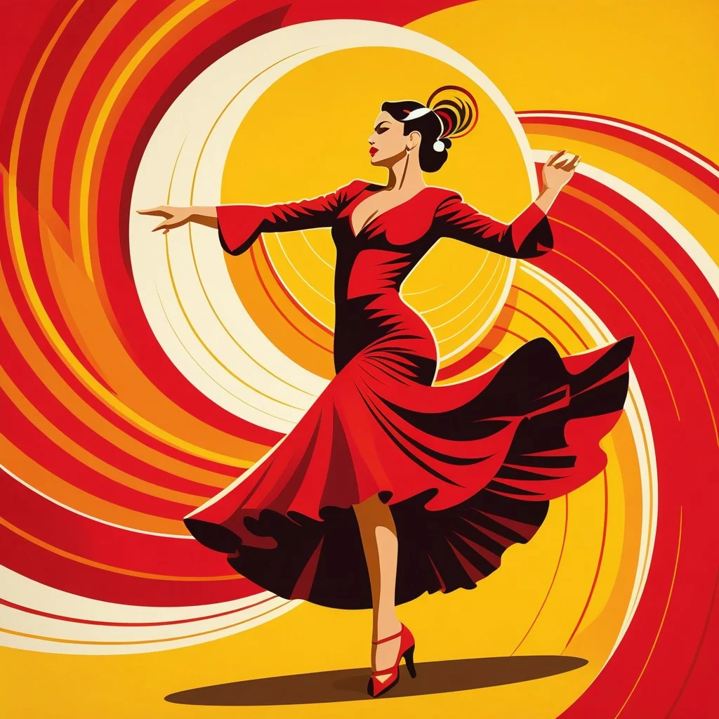 A vibrant retro-style poster illustration featuring a stylized flamenco dancer in motion against a bold red and yellow background, with abstract geometric shapes representing rhythm and sound waves.