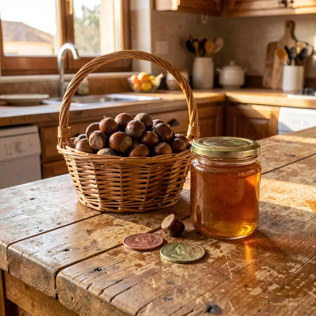 Main d’une femme âgée posant deux euros sur un comptoir en bois, près d’un panier de châtaignes et d’un pot de miel, Monastir del Camp, lumière du matin, plan rapproché