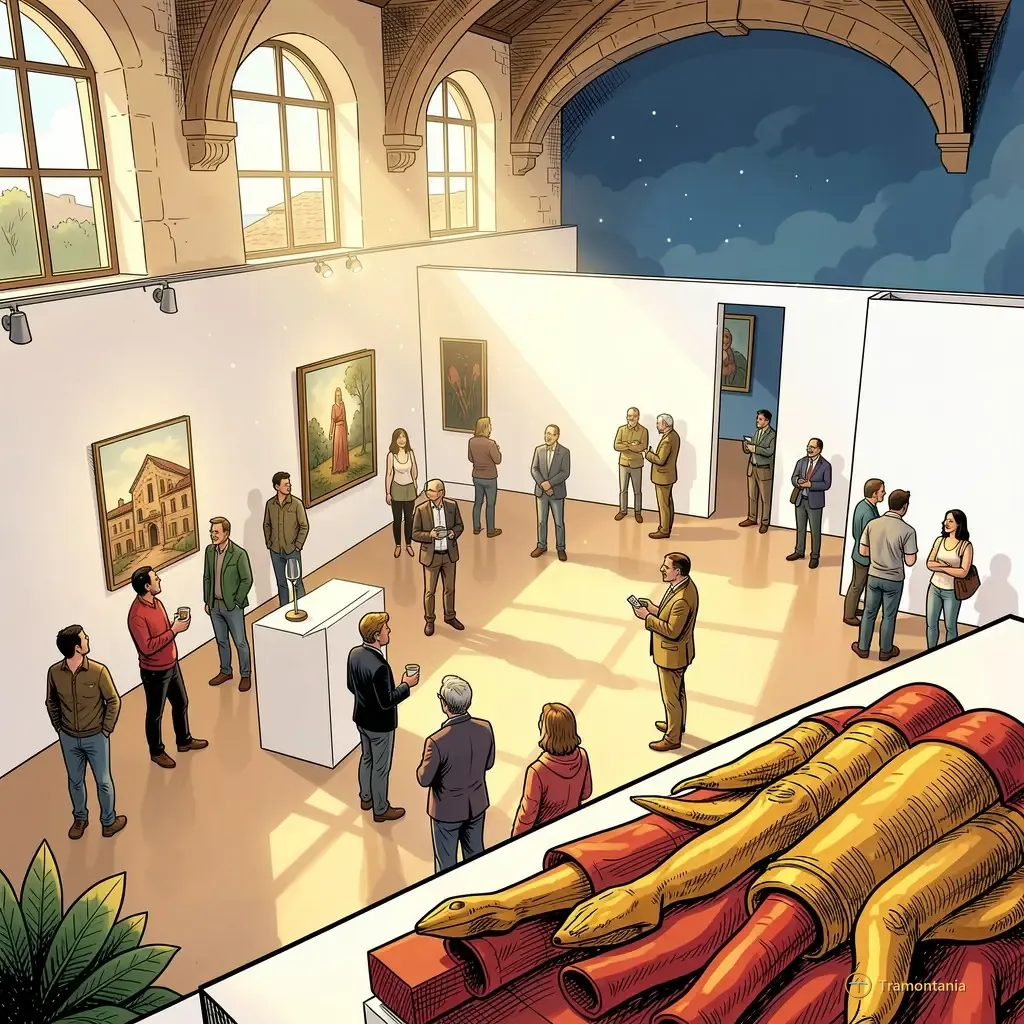 Plusieurs personnes se rassemblent dans une grande salle d'exposition lumineuse devant des œuvres murales blanches