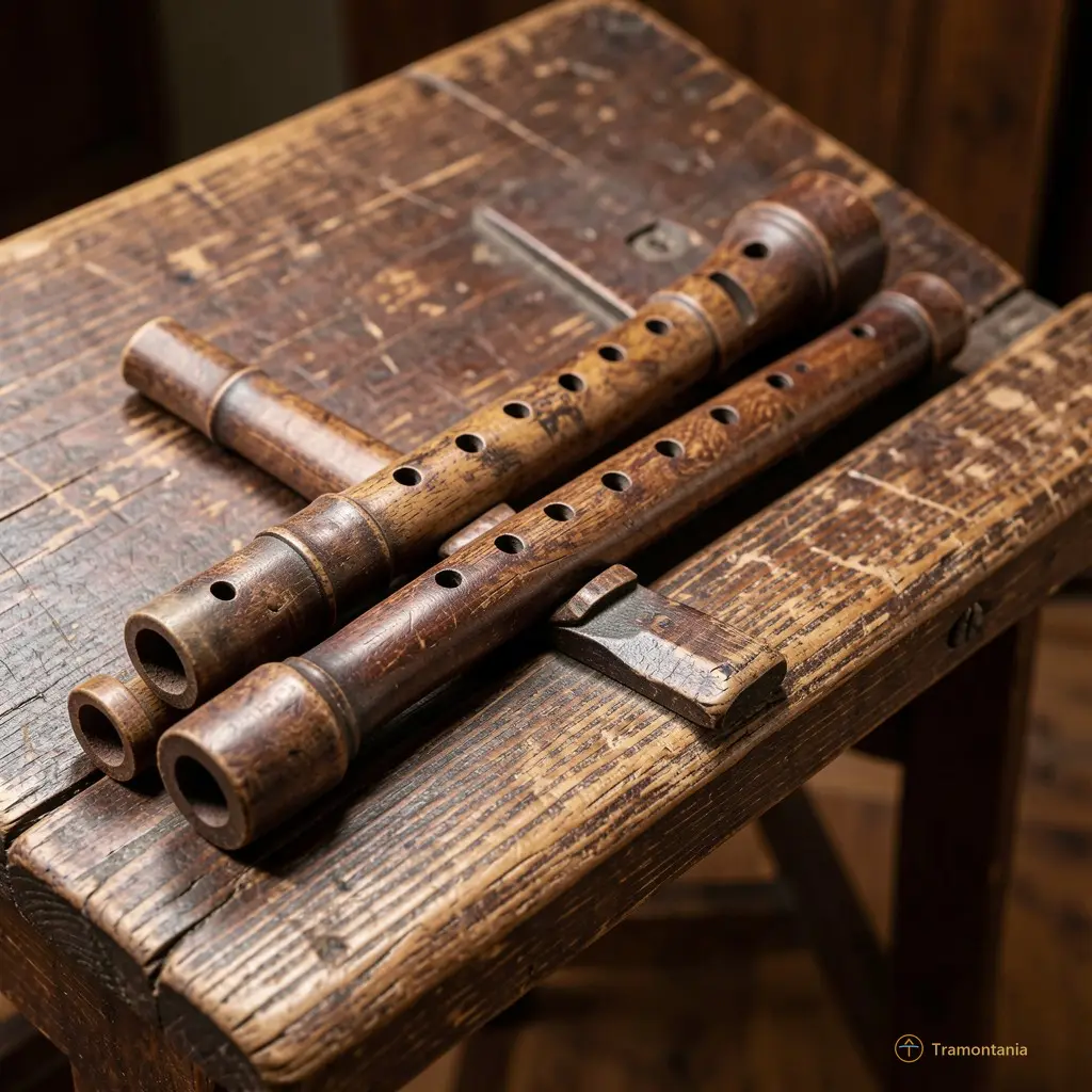 An artistic close-up of ancient wooden flutes resting on a weathered oak music stand