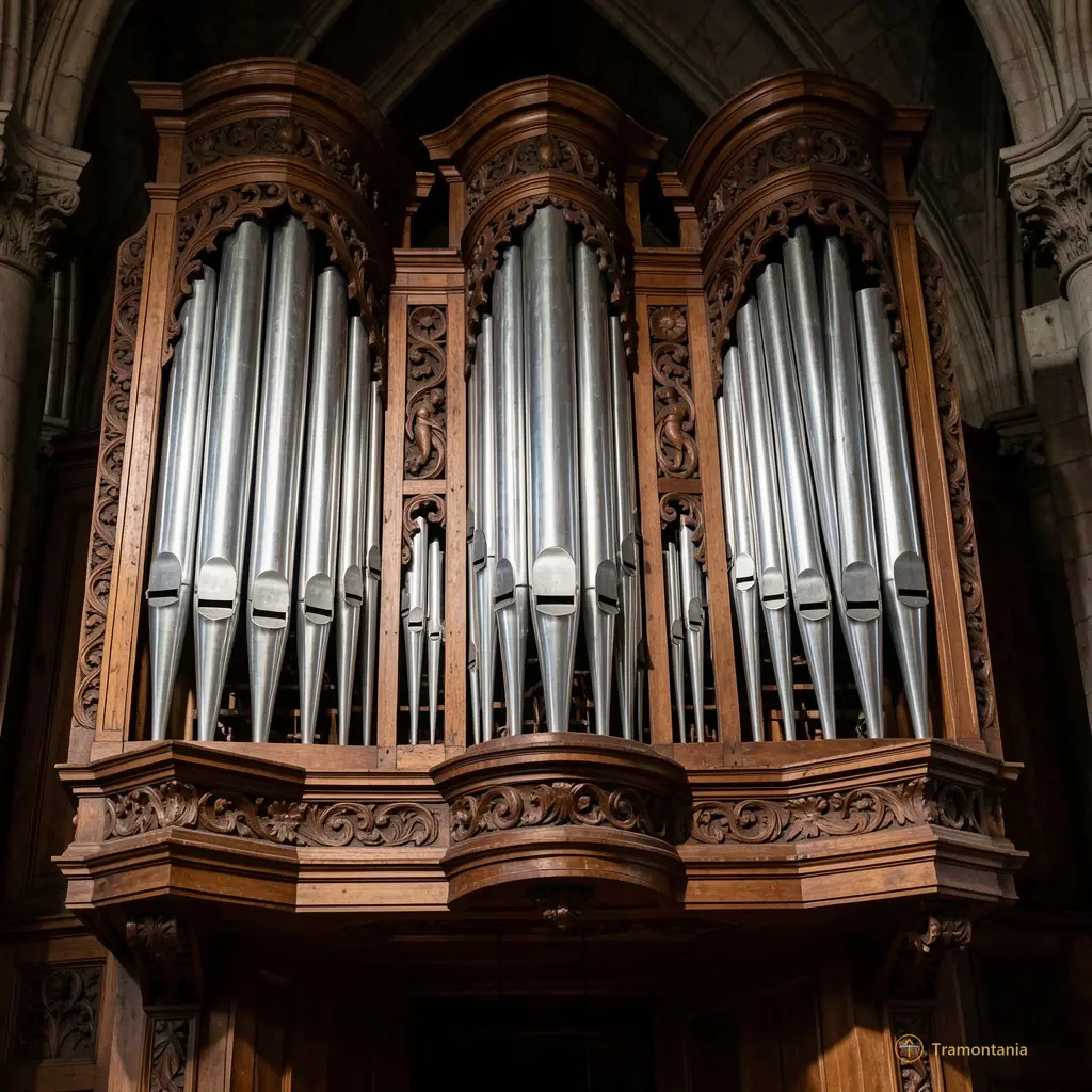 A detailed photo of a historic carved wooden organ with its shiny metal pipes under dim lighting
