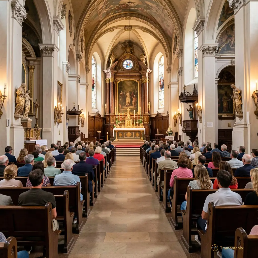 A wide view of visitors sitting calmly on dark wooden benches facing the main altar