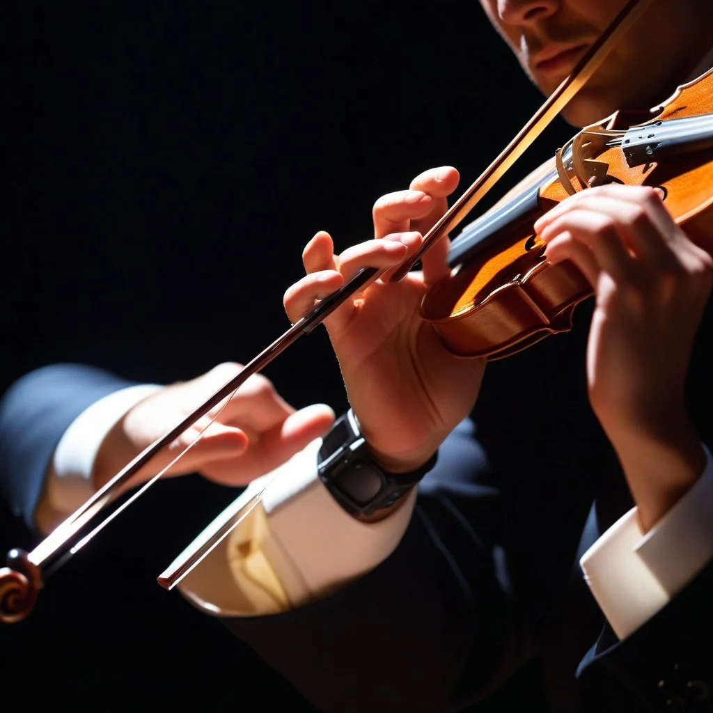 Close-up of a violinist's hands vibrating intensely on the strings, illuminated by a sharp, cool white light against a dark background, conveying speed and precision.