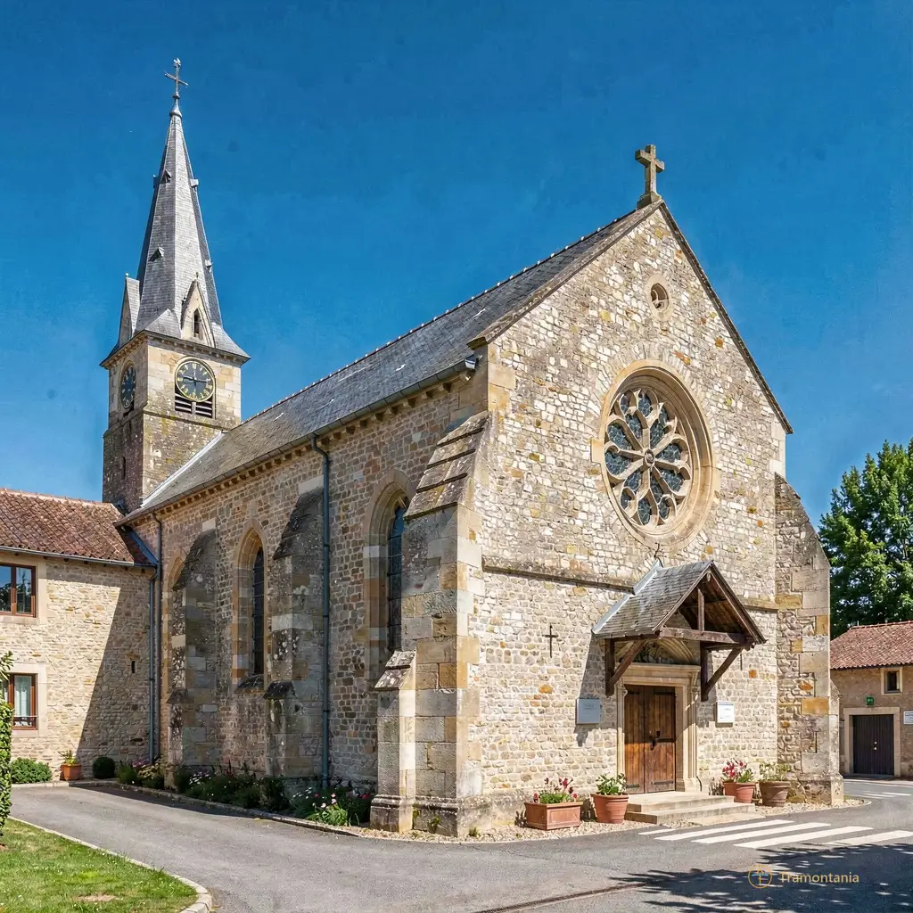 The exterior of the stone church in Oust, Angoustrine-Villeneuve-des-Escaldes, under a clear blue sky