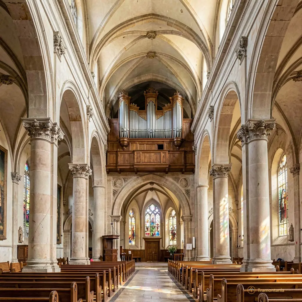 Interior view of the church nave looking towards the organ loft, showing architectural details