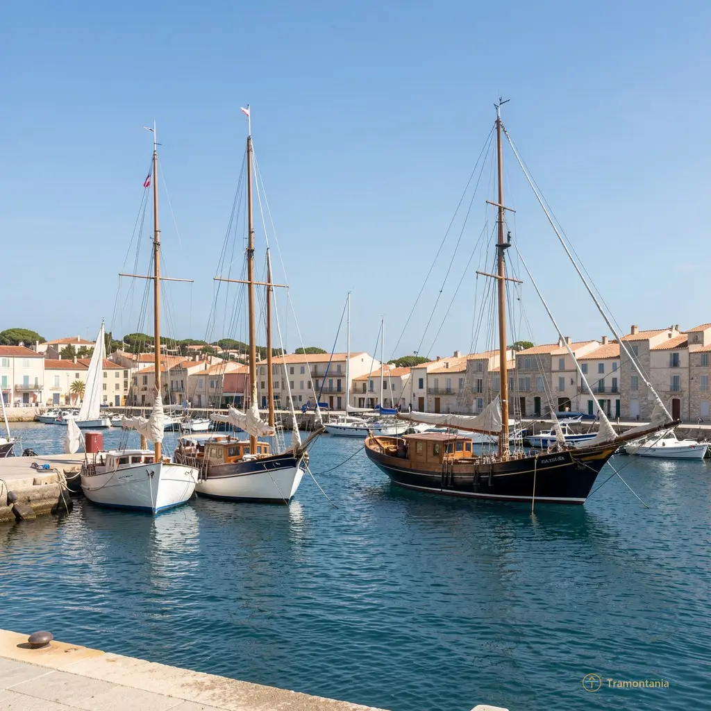 Wide shot of the Canet-en-Roussillon port with traditional sailing ships docked under a clear sky