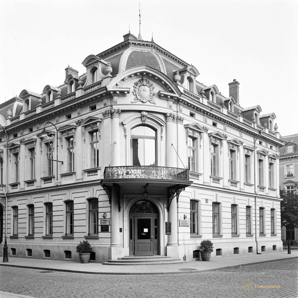Historical black and white photograph of the Grand Hotel's exterior from 1920s showing its initial grandeur