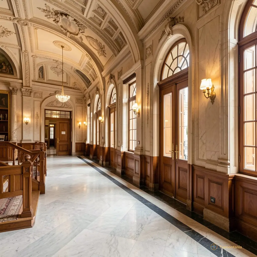 Interior detail of the Grand Hotel's lobby or hallway showing architectural details from its early construction era
