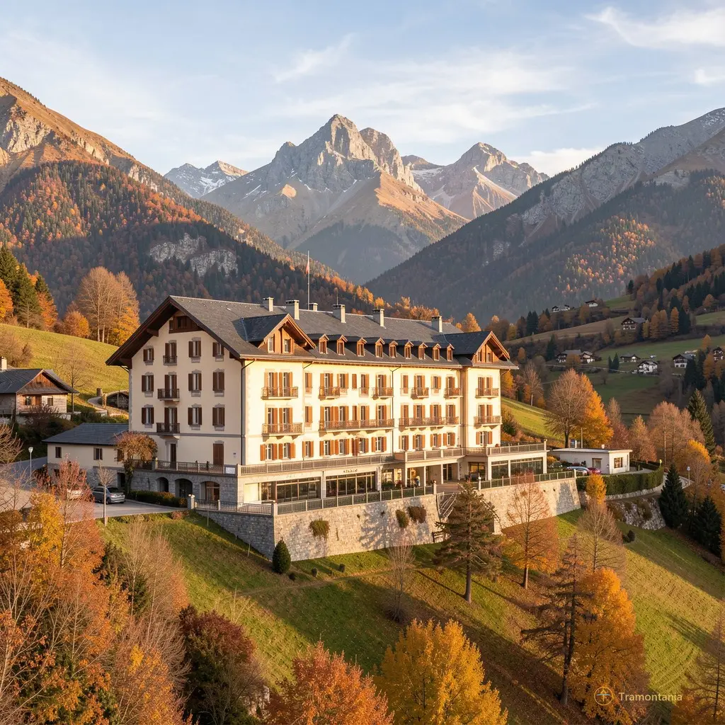 Wide shot of the Grand Hotel in Font-Romeu during autumn light, showing its relationship with the surrounding mountain landscape