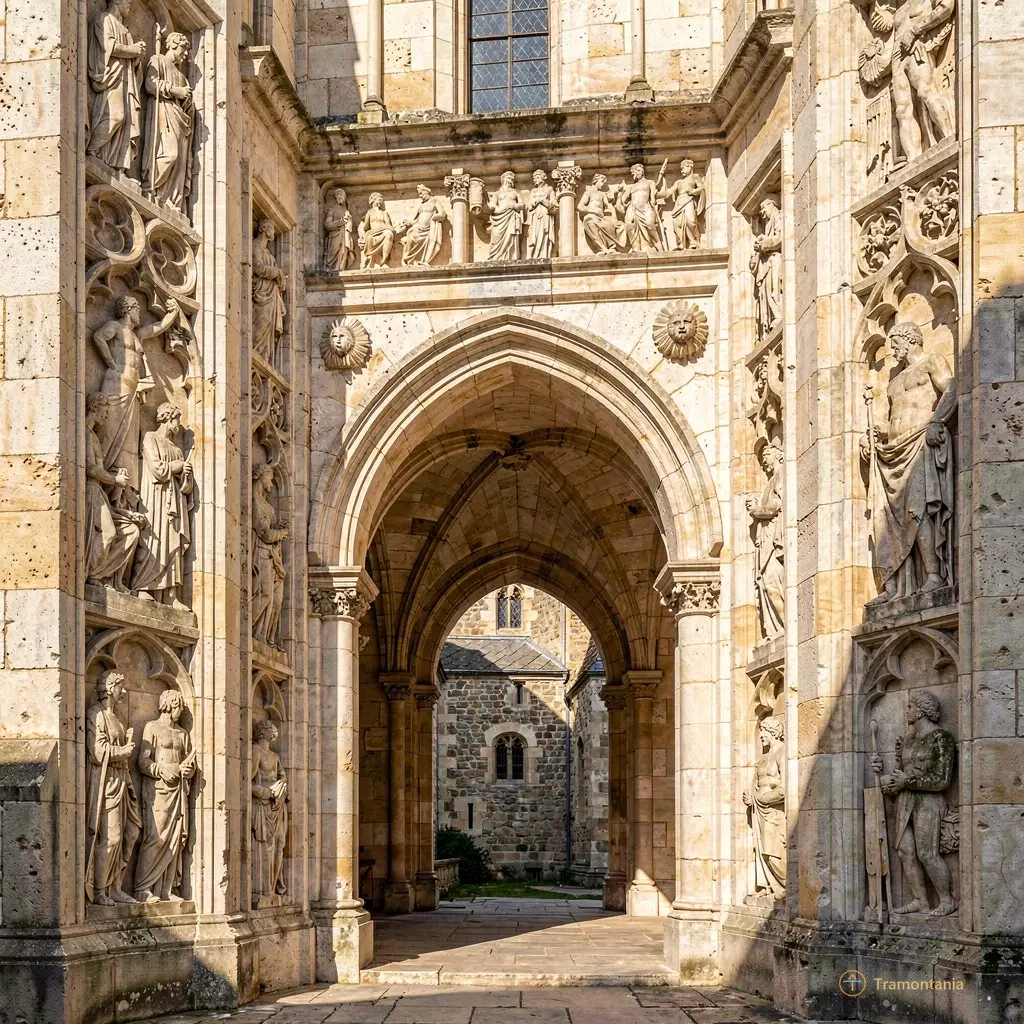 Détail sculpté sur les murs extérieurs ou une arche intérieure du château, jouant avec ombre et lumière