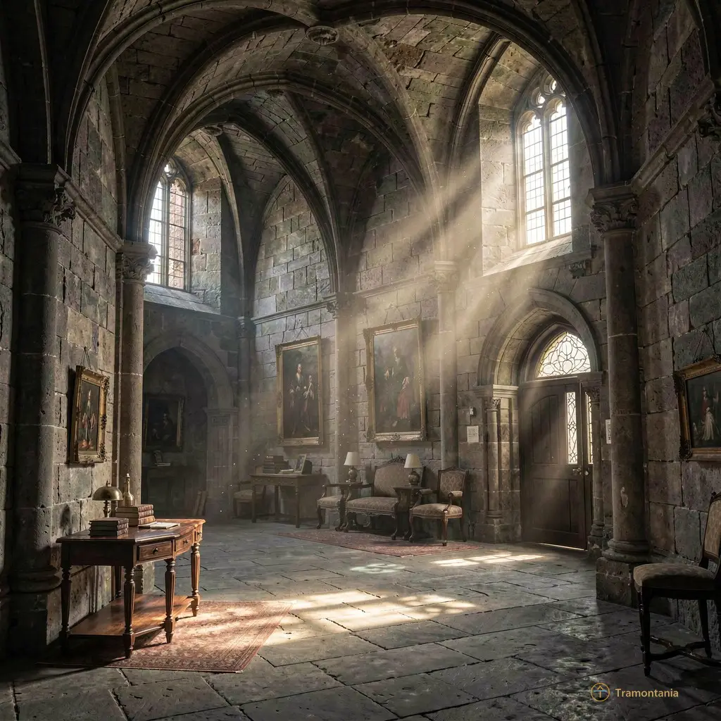 Intérieur sombre et mystérieux d'une tour du château, éclairé par un rayon de soleil filtrant