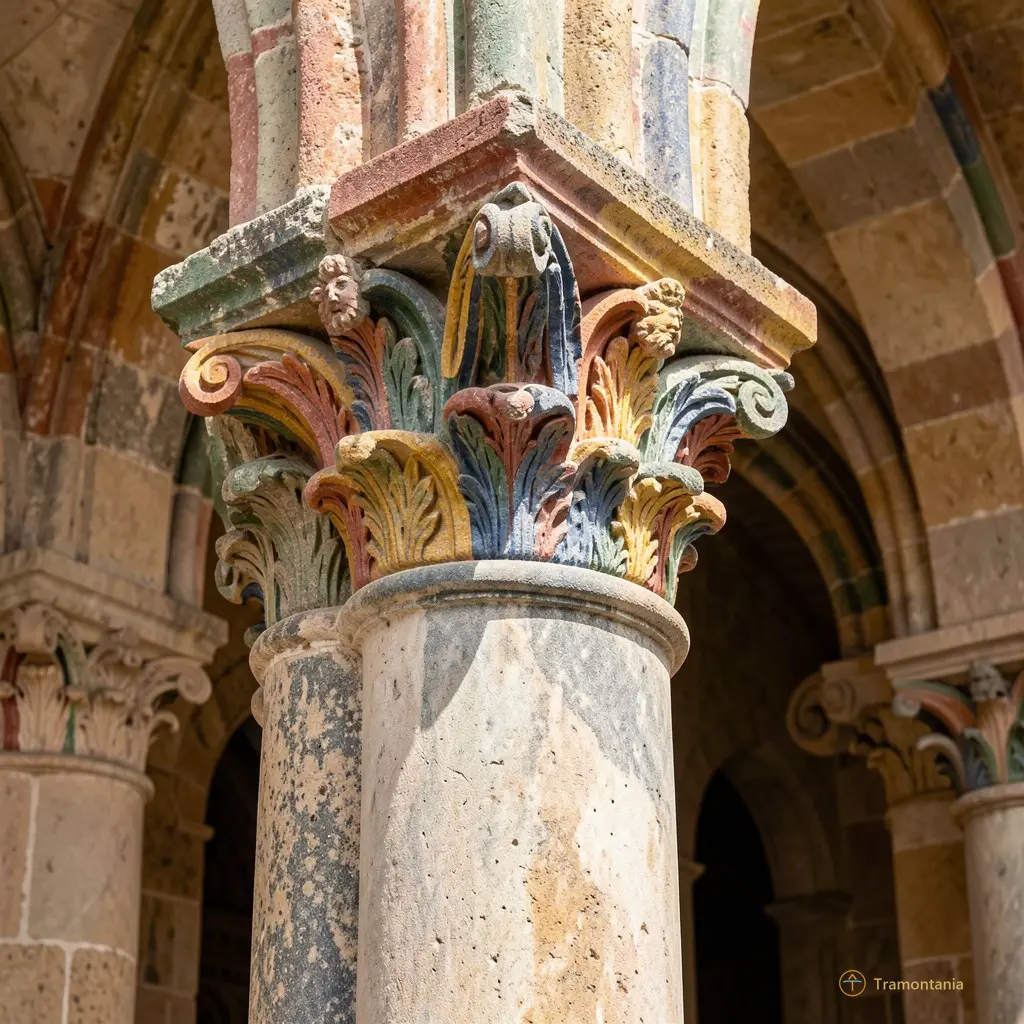 Détail sculpté d'une colonne du cloître montrant les nuances de couleurs polychromes sur la pierre ancienne